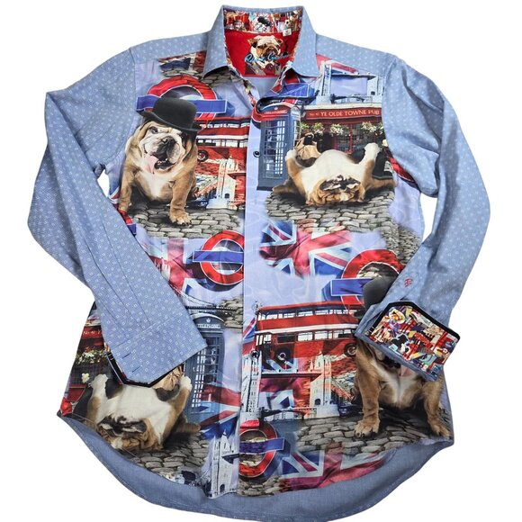 Robert Graham London Bulldog Print Long Sleeve Shirt M Cotton Casual Mens - Picture 2 of 9